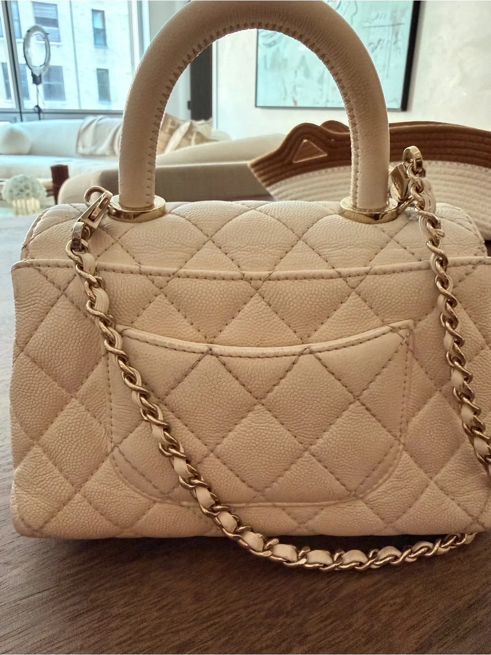 CHANEL White Handle Mini Coco  Flap Bag w/ Chain strap w/ orig rec box bag card